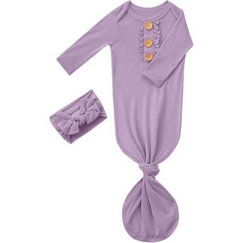 Newborn Baby Girls Knotted Gown Headbands Set Soft Viscose from Bamboo Infant Sleeper Baby Sleep Gown with Mittens