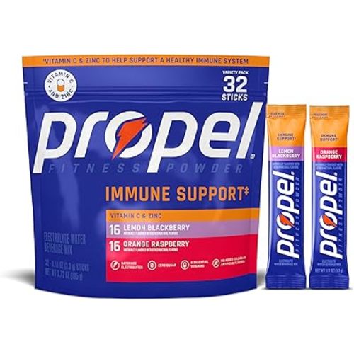 Propel Immune Support Electrolyte Powder Drink Mix, 2 Flavor Variety Pack, (32 Servings), 100% DV Vitamin C, Good Source of Zinc, Zero Sugar, No Added Colors, No Artificial Flavors