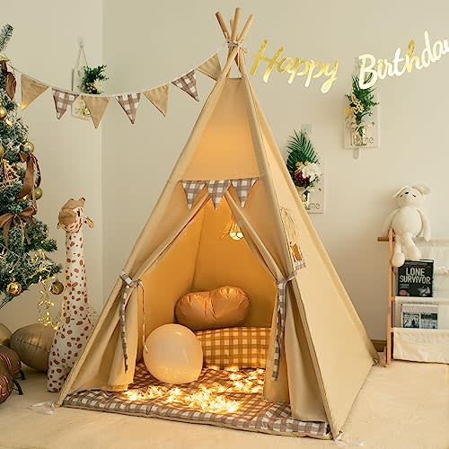 Teepee Tent with Padded Mat Bunting Banner Fairy Lights - Print Gingham Kids Play Tent with Carry Bay for Indoor and Outdoor, Play House Toys for Toddler, Boys and Girls