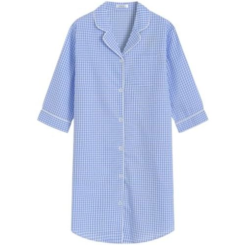 Latuza Women's Cotton Button Down Nightgown Seersucker 3/4 Sleeve Nightshirt