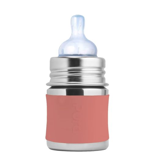 Pura Kiki 5oz/150ml Stainless Steel Anti-Colic Infant Bottle w/Silicone Natural Vent Nipple & Sleeve, 100% Plastic-Free, MadeSafe Certified, Medical-Grade Silicone - Rose Sleeve