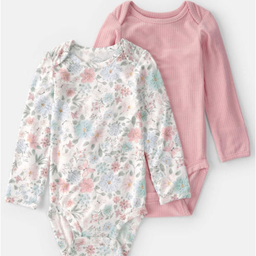 Baby Girl 2-Pack Butterfly Garden PurelySoft Multipack Bodysuits - Pink/Ivory | Carter's