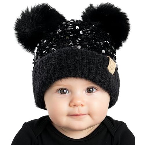 Funky Junque Double Pom Pom Baby Beanie – Newborn Girl Winter Hat 0–12 Months, Cute Cozy Knit Infant Beanies for Cold Weather