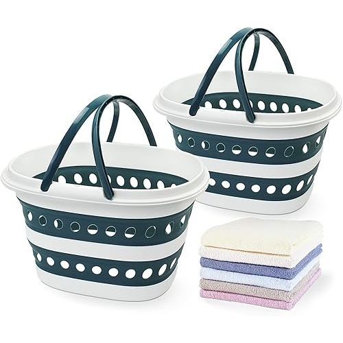 2 Pack Collapsible Laundry Basket with Handles - Foldable Pop-up Storage Container, Durable & Waterproof Organizer - Space-Saving Portable Hamper for Sorting Clothes (Blue×2, 16L)