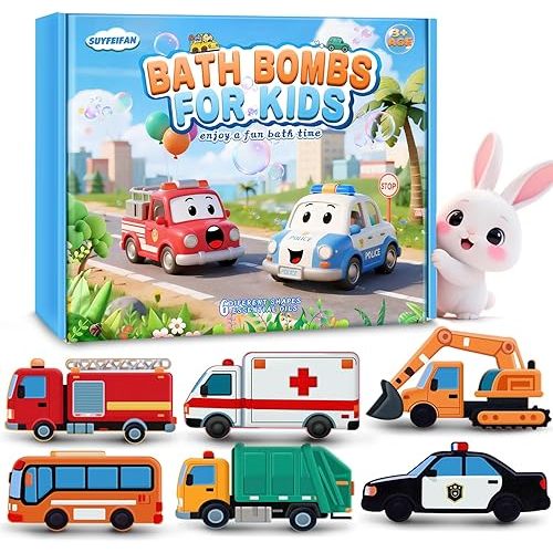 Bath Bombs for Kids, STEM Gifts for Boys Girls Ages 3-12, Handcrafted Car 6 Pack Natural Organic Bubble Bath Bomb Toys, Shaped Like Excavators, Police Car, School Buses, Fire Trucks