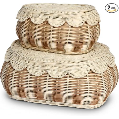 BEBE BASK The Original Scalloped Basket with Lid – Set of 2 (15 x 11 x 6 in) – Hand-Woven Rattan Scalloped Wicker Basket with Lid, Storage Baskets with Lids for Organizing (Stripey)