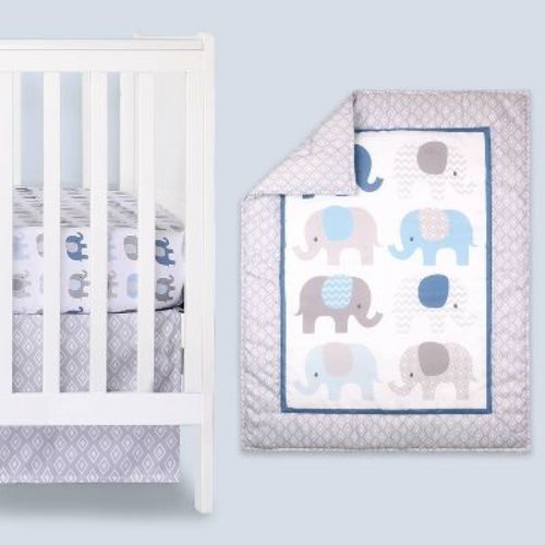 The Peanutshell Sleepy Elephant Baby Crib Bedding Set, Gray/blue - 3pc