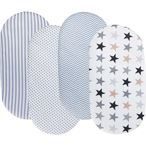 Bassinet Sheets 4 Pack for Baby Unisex, Stretchy Jersey Knitted Fitted Sheet Universal for Oval Rectangle and Hourglass Bassinet Mattress, White and Grey, Neutral for Baby Boy and Girl
