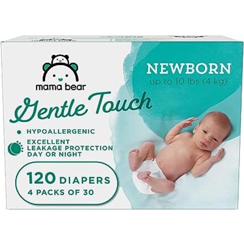 Amazon Brand - Mama Bear Gentle Touch Diapers, Hypoallergenic, Newborn, White, 120 Count (4 Pack of 30 )