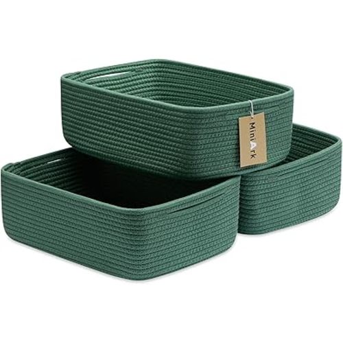 Large Shallow Organizing Baskets 15x11x5.1 Inches - Rope Woven Storage Bins for Bathroom, Shelves, Cube Closet, Green 3 Packs
