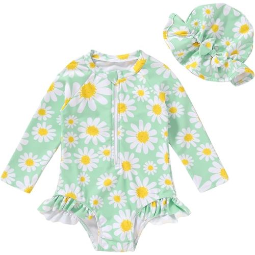 Infant Baby Girl Swimsuit One-Piece Long Sleeve Rash Guard with Hat Set Floral Zipper Bathing Suit Leopard Beach Wear