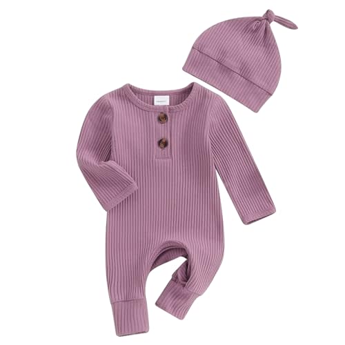Infant Boys Girls Clothes Set Newborn Baby Romper Hat Ribbed Knit Long Sleeve Button Solid Bodysuit Jumpsuit