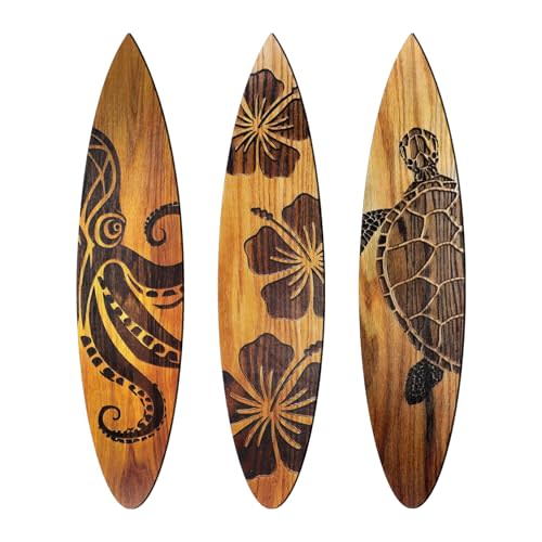 Yousoontic 3 Pcs Surfboard Wall Decor 23.6" x 5.2" Large Wooden Beach Room Surfboard Decor for Wall Summer Turtles Hibiscus Octopus Hawaiian Tropical Sign for Home Bedroom Party