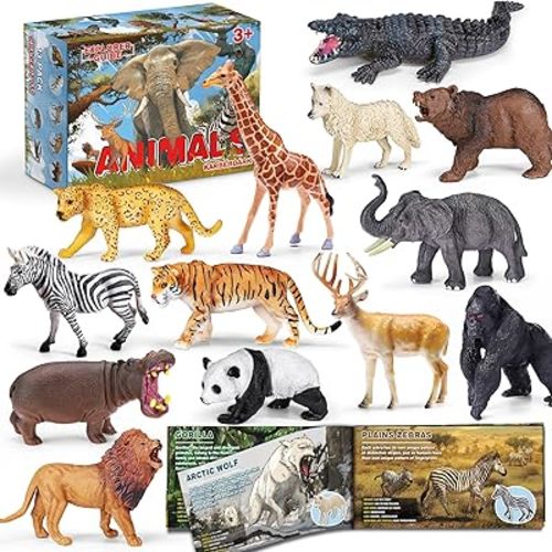 13 Pack Wild Animal Toys with Educational Booklet and Gift Box, Realistic Safari Animals Figures for Kids, Plastic Zoo Animals Figurines for Toddler Ages 1-3, Jungle Birthday Party Favor for Boy Girl