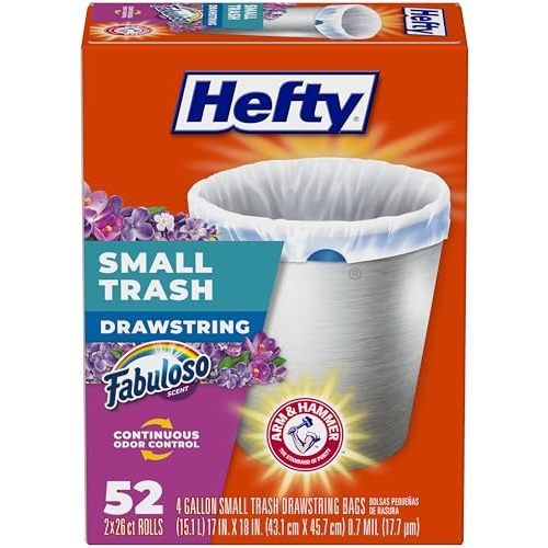 Hefty 4 Gallon Small Trash Bags, White, Fabuloso Lavender Scent, 52ct | Drawstring Closure, 4G Small White Trash Bags for Bathrooms, Dorm Rooms, Home Offices, Scented, Continuous Odor Control
