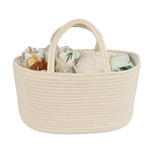 JUNBOLE Diaper Caddy Organizer Cotton Rope Baby Basket Nursery Storage and Portable Tote Bag for Car Ideal Baby Shower Gifts and Registry Must-Have for Newborn Essentials beige