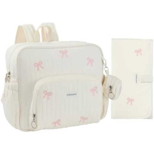 Diaper Bag Backpack with Changing Pad - Travel Baby Bag, Insulated Bottle Pockets, Stroller Straps (Medium - Beige Bows)