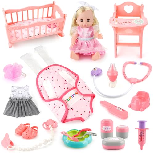 SUKIPIN Baby Doll Set, Baby Dolls for 5 Year Old Girls, Baby Doll with Accessories for Birthday Gifts Stocking Stuffers Easter Basket Stuffers (Doll Playset)