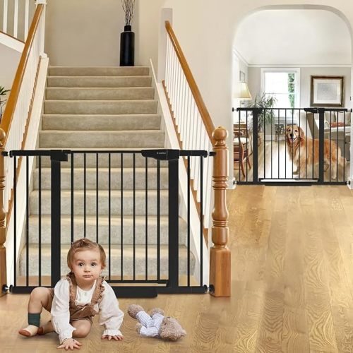 Cumbor 2 Pack 29.7-46" Baby Gate for Stairs, Mom's Choice Awards Winner-Auto Close Dog Gate for doorways, Easy Install Pressure Mounted Pet Gates indoor, Easy Walk Thru Wide Safety Gate for Dog, Black