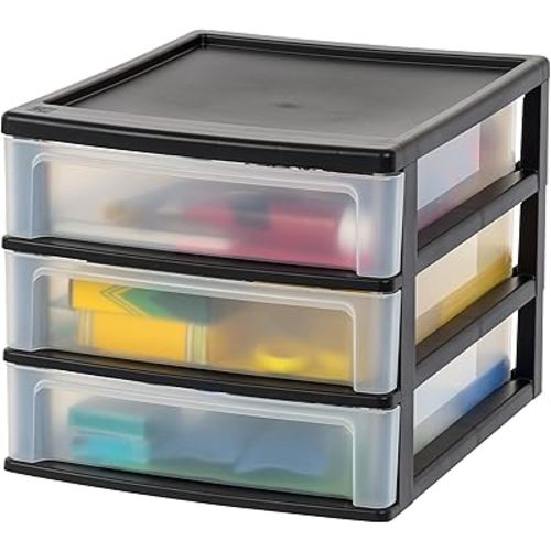 IRIS USA Plastic Stacking Desk Top 3-Drawer Storage Organizer, 1-Pack, for Makeup Vanity Nail Polish Bathroom Stationery Art Craft Supplies Kitchen Office Garage and Small Organization, Medium, Black