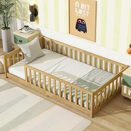 Twin Size Montessori Floor Bed with Safety Fence, Pine Wood Floor Bed Frame with Support Slats and Full-Length Guardrails for Toddler Kids Girls Boys Bedroom (Natural)