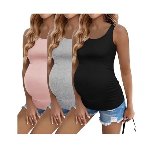 Ekouaer 3 Pack Women Maternity Tank Tops Summer Pregnancy Shirts | Scoop Neck, Soft and Lightweight, Ruched Side, Sleeveless, Postpartum Basic Tops Clothes