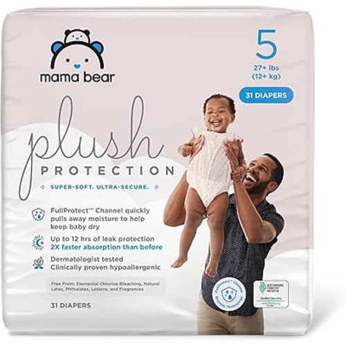 Amazon Brand - Mama Bear Plush Protection Diapers - Size 5, 31 Count, Hypoallergenic Premium Disposable Baby Diapers, White and Cloud Dreams