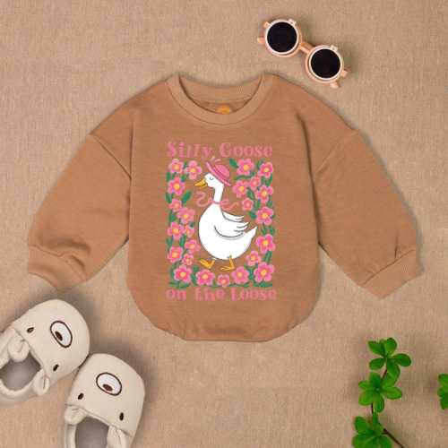 Silly Goose On The Loose Baby Romper Short Sleeves, Boho Floral Goose Baby Bodysuit, Coquette Bow Duck Romper, Goose Lover Gift