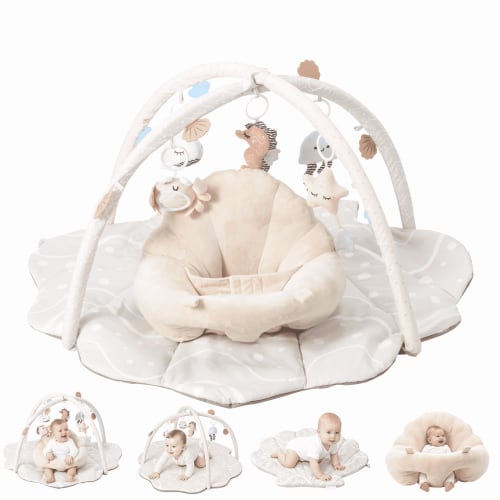 Baby Gym Playmat & Seat Tummy Time Mat with 6 Detachable Activity Toys for Babies 6-12 Months,Beige