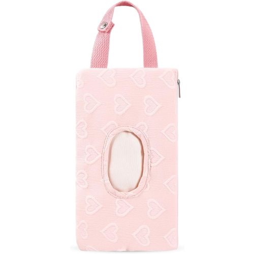 Quilted Baby Diaper and Wipes Pouch Portable Mommy Bag for Stroller Reusable Wipes Pouch with Lanyard (Pink Heart)