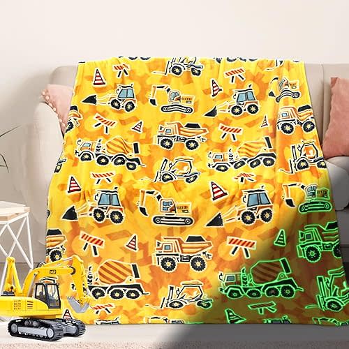 Excavator Blanket Construction Gifts for Kids Glow in The Dark Truck Blanket Soft Tractor Toys Throw Blankets Boys Car Theme Decor Blankets 60"×80"