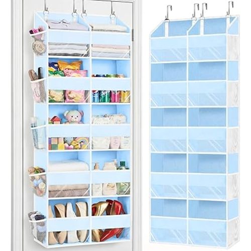 Blue Over the Door Organizer 5 Tiers, Extra Large Behind Door Storage of 10 Compartments, 80 lbs Weight Capacity Hanging Storage Organizer with Clear Window Kids Toys, Shoes, Diapers, Room storage