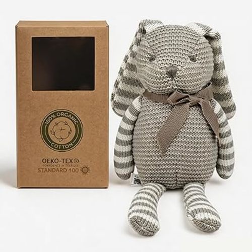 FLUFFYFUN 100% Organic Cotton Grey Bunny Rabbit Plush, 7.1" Baby Stuffed Animal for Newborn