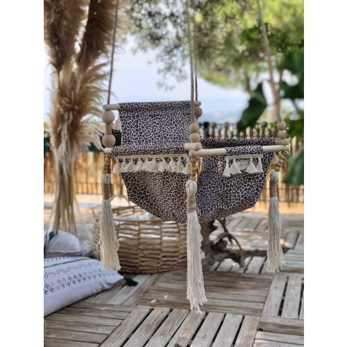 Baby Swing, Leopard Print, Fringed, Tasseled, High Back, Indoor Outdoor, Boho Nursery Decor, Toddler Child, Fabric Wooden, Birthday Gift