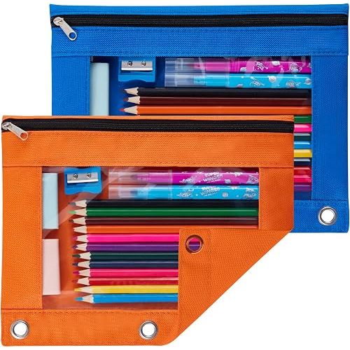 Sooez Pencil Pouch for 3 Ring Binder, 2 Pack Binder Pencil Pouch with Clear Window Pencil Bags with Zipper & Reinforced Grommets, Pencil Case for Binder Blue & Orange