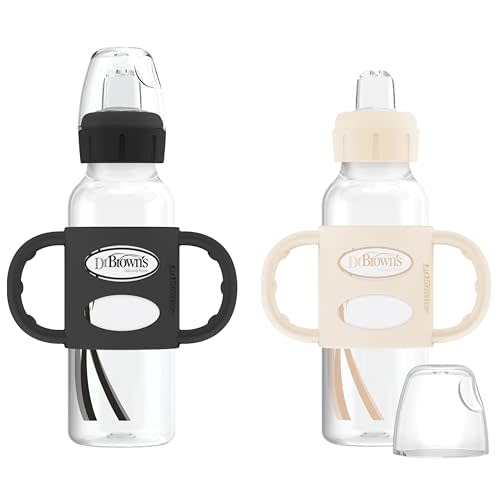 Dr. Brown's Milestones Narrow Sippy Spout Bottle with 100% Silicone Handles, Easy-Grip Handles with Soft Sippy Spout, 8oz/250mL, Black & Ecru, 2 Count (Pack of 1), 6m+