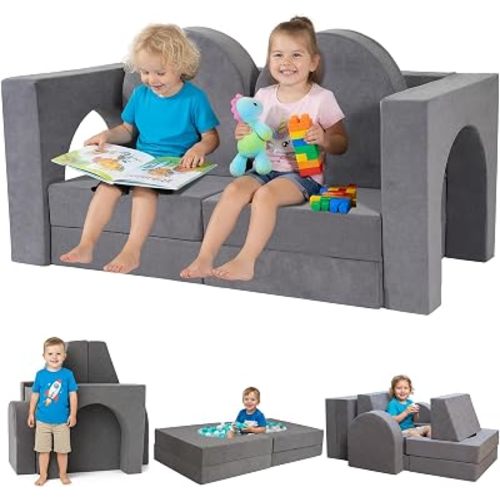 Fvkind Modular Kids Play Couch, 10-Piece Play Couch for Toddlers 1-3, Grey