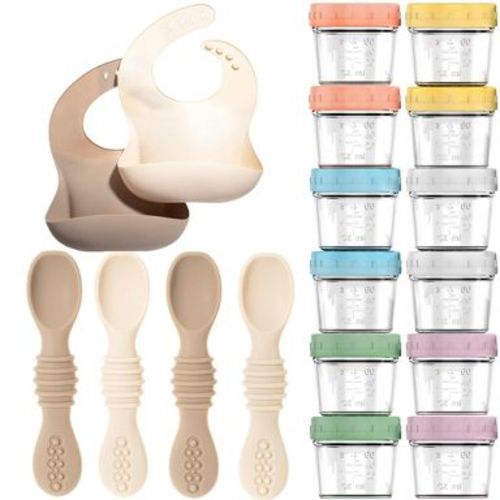 12pc Glass Baby Food Storage Jars, 4 Silicone Baby Spoons & 2 Silicone Bibs, Baby Mealtime Essentials – BPA-Free, Leakproof, and Dishwasher Safe