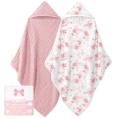 Looxii Baby Bath Towels 2 Pack Muslin Hooded Baby Towels for Newborn and Infants, 100% Cotton, Large 32x32Inch, Soft and Absorbent