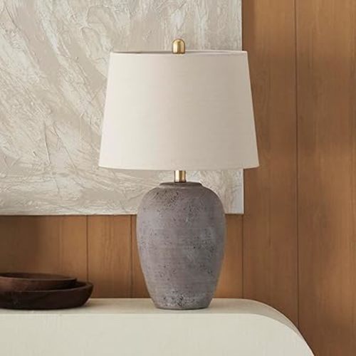 Nourison 23" Greyish Brown Earth Tone Rustic Farmhouse Ceramic Table Lamp for Bedroom, Living Room, Dining, Office, with Beige Linen Shade