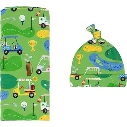 Little Sleepies Swaddle & Hat Set, Baby Swaddles Newborns, Soft Viscose from Bamboo Swaddle Blanket Wrap (Fairway Fun)