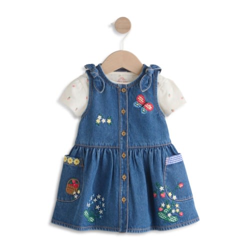 Embroidered Denim Dress & Strawberry Bodysuit Set