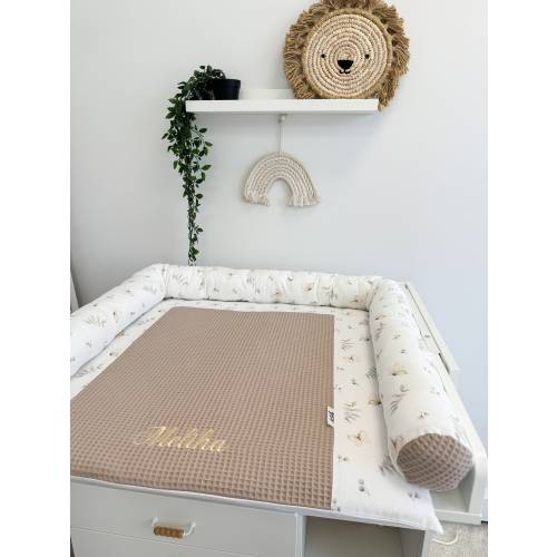 Cotton beige floral print changing pad with long pillow and baskets, baby nursery room changing top mat, topper for changing table