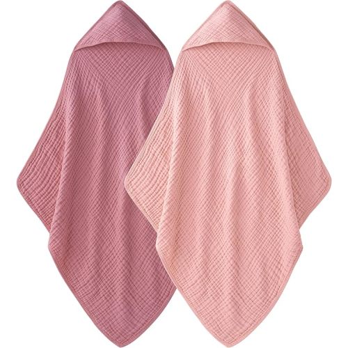 Hooded Baby Towels for Newborn - 2 Pack, 100% Muslin Cotton, Baby Bath Towels with Hood, Soft and Absorbent for Girls Infant, Toddler and Kids, Large 32x32 Inches, Newborn Essential