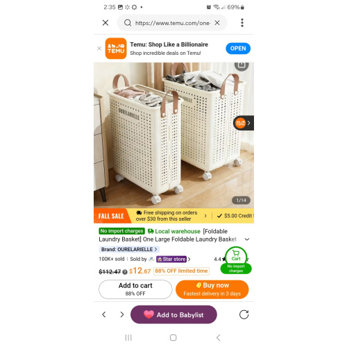 one large foldable laundry basket without cover imitation - Temu