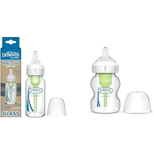 Dr. Brown's Natural Flow Anti-Colic Options+ Narrow & Wide-Neck Glass Baby Bottle 5 oz/150 mL, Level 1 Slow Flow Nipple, 1 Pack, 0m+