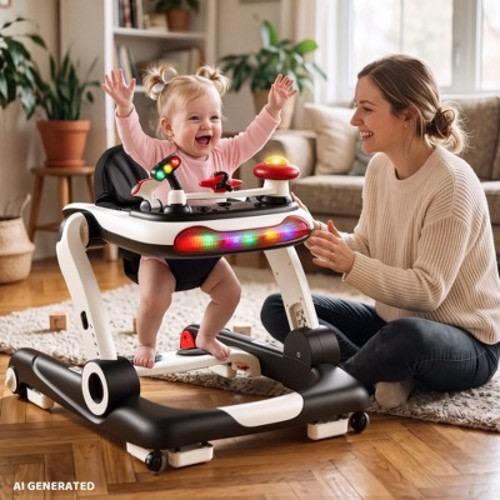 TODECARE 5-in-1 Baby Walker , Adjustable Height Activity Walker with Safety Bumper for Toddlers, Black