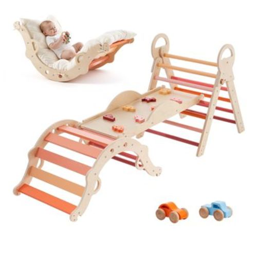 VEVOR Pikler Triangle Set, 9-in-1 Toddler Climbing Toys Indoor, with 2 Wooden Cars, Cushion, Triangle, Arch, and Ramp, 150 lbs Load, Orange