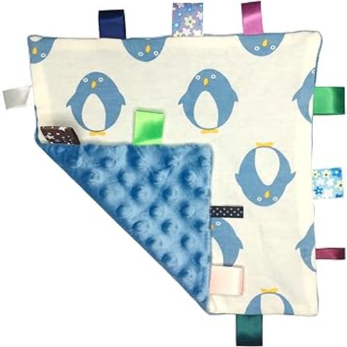 Lovey Baby Soft Plush Taggy Blanket - Minky Dot Comfort Appese Towel, Penguin Pattern, Newborn Toddler Gift, 9 x 9 inches - Blue