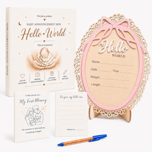 Baby Announcement Sign – Hello World Newborn Sign in 3D Wood with Charming Pink Bow Accent & Elegant Vintage Frame Details for Newborn Memories, Nursery Décor & Baby’s First Precious Moments